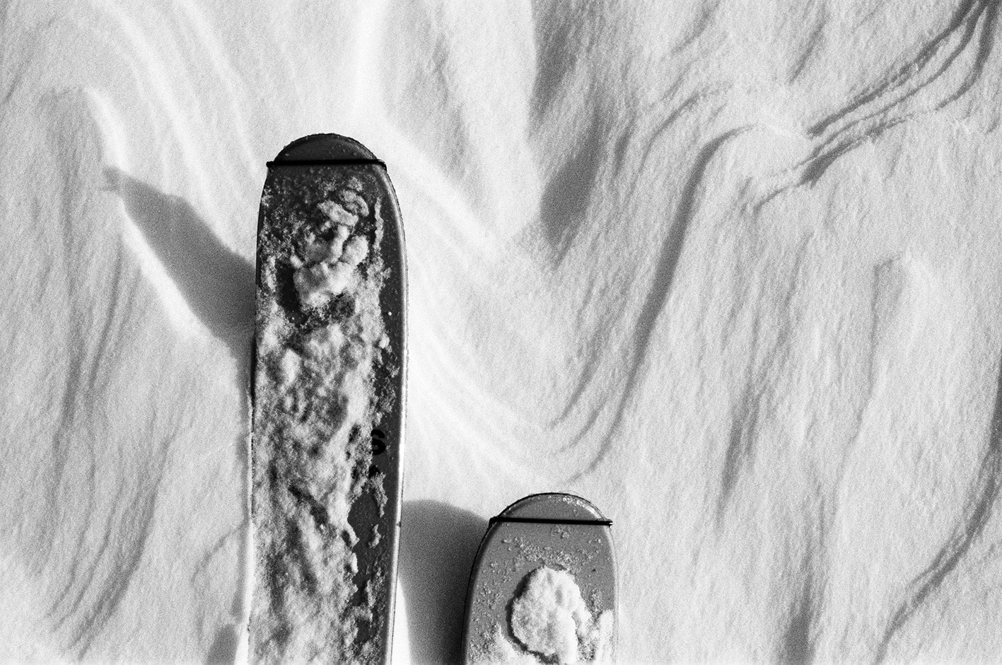 corso-AINEVA- fare-la-traccia Particolare del bloccaggio anteriore e gancio per pelli di foca sulla punta di uno sci da alpinismo. Manto nevoso con pattern di erosione da vento (sastrugi) in bianco e nero.